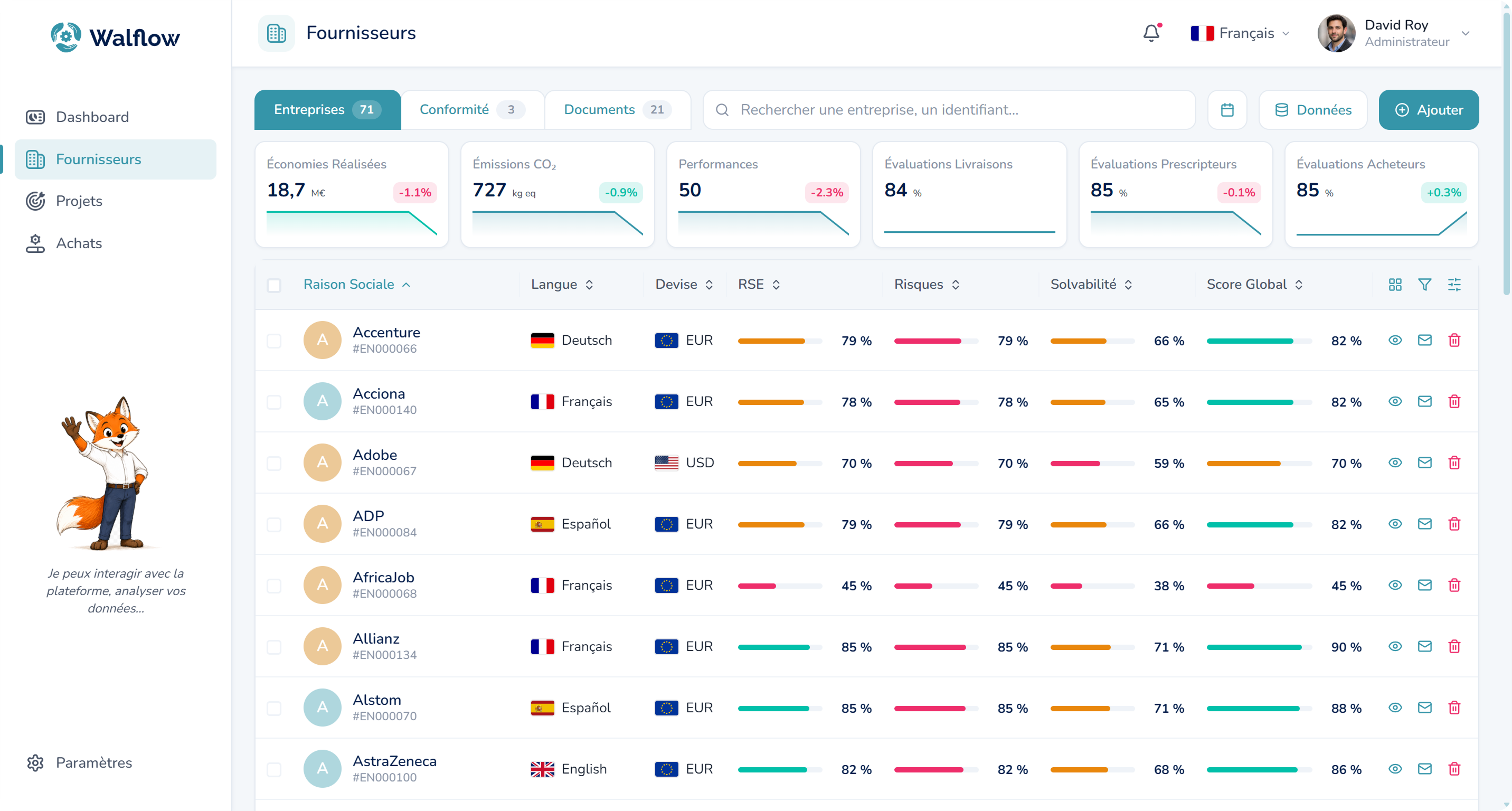 Aperçu Walflow — module Fournisseurs